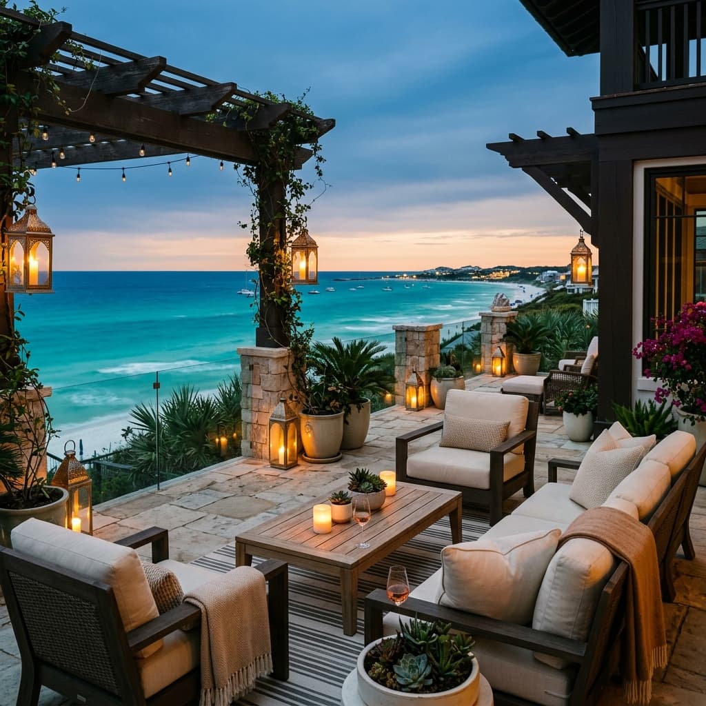Luxurious coastal patio at twilight