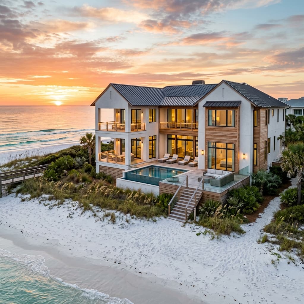 Luxury beach house at sunset on 30A