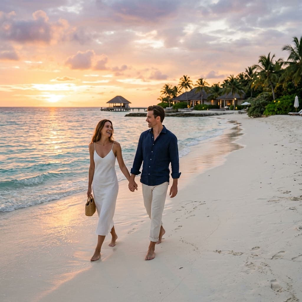 Couple enjoying a luxury sunset walk on the beach