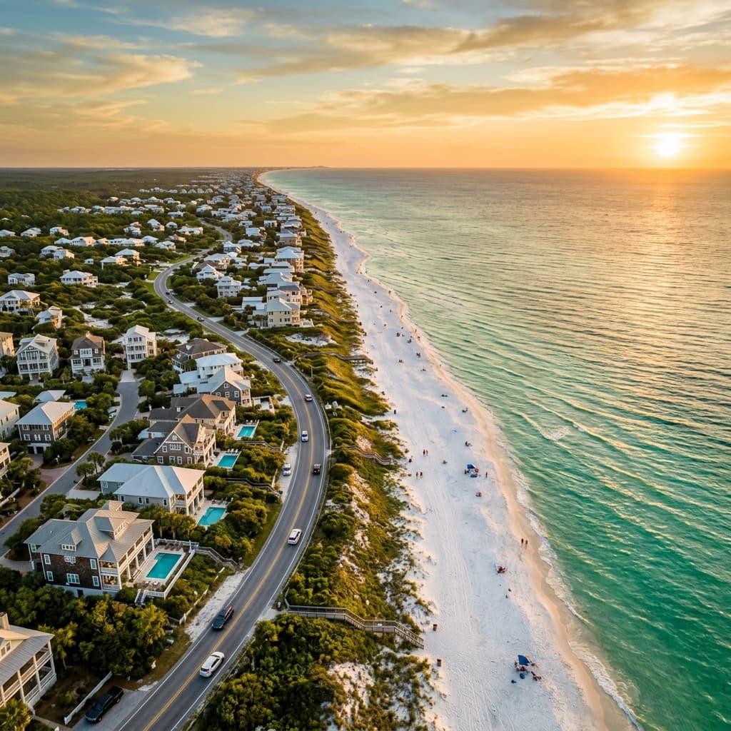 Aerial view of the 30A coastline at golden hour