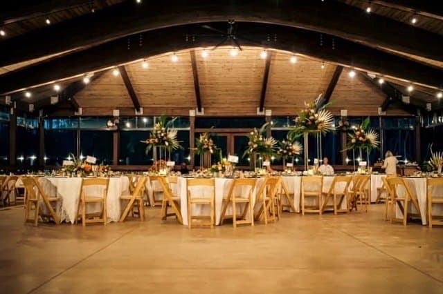 Outdoor event setting at twilight